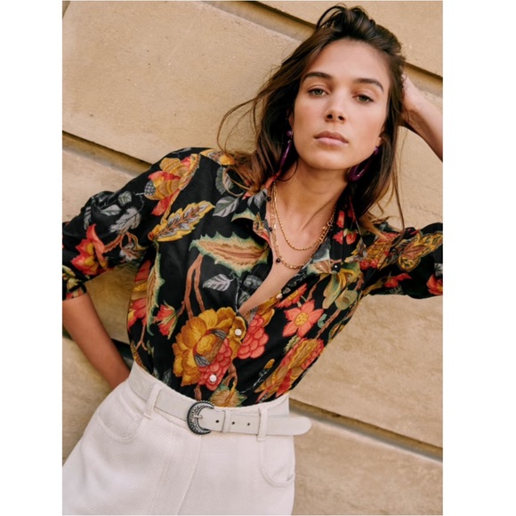 SEZANE Black Orange Dark Floral Printed Lightweight Button Down Pierro Shirt - Picture 5 of 13